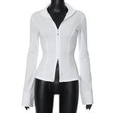Plataz Women's Clothing 2024 Summer Solid Color Collar High-Rise Body-Clamping Long-Sleeved Zip-Up Top DJPT