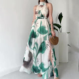 Plataz Women's Summer Hanging Neck High Waist Repair Sexy Graffiti Lace Open Dress