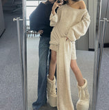 Plataz Sanguan With The Same Gentle White Tea Lazy Version Of The Loose Knitted Shirt Shoulder Dress Shoulder