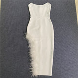 Plataz Open Fork Bra Feather Bandage Repair Body Elastic Party Mid-Long Dress Dress Dress