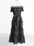 Plataz Court Style 2025 New Heavy Industry Lotus Leaf Side Shoulder Shoulder Lace Dress Solid Color Dress Woman