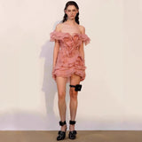 Plataz And Summer 2025 Spring And Summer Petal Lotus Leaf Side Shoulder Dress V Collar Short Skirt