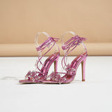 Plataz Shoes Women 2024 New Summer Cross-Tie Fairy Wind Silver Bow Bow Toe Ultrafine Heels High Quality Shoes