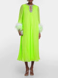 Plataz 2024 New Round-Neck Heavy Industry Nail Nails And Fur Folding Process Horn Sleeve Long Dress