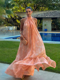 Plataz Printed Holiday Dress 2025 Summer Show Back New Hanging Neck Sleeveless Swing Leaves Side Dress Woman