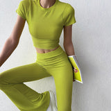 Plataz Autumn 2025 New Women's Clothing Fashion Style Casual Solid Color Buff Short Sleeve Trousers Set DJPT