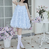 Plataz Blue Flower Floral Bud Dress 2024 New Sweet Sling With Short Small Man Dress