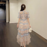 Plataz Summer Collar Splicing Flower Mesh Embroidery Cake Dress Dress