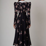 Plataz French Doll-Necked Flower-Print Court Feast Dress