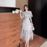 Plataz Summer Collar Splicing Flower Mesh Embroidery Cake Dress Dress