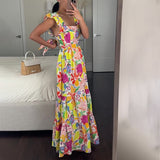 Plataz Women's Summer Leader Flying Flying Flying Sleeves Shredded Floral Skirt High Waist Repair Splicing Umbrella Skirt Woman