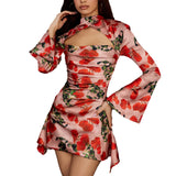 Plataz Dress Hollow Sexy Floral Dress Print Collar Cheongsam Dress