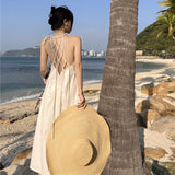 Plataz Woven-Back White Dress Design Small Thin Sexy Sanya Seaside Beach Dress Girl