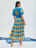 Plataz Autumn New French Retro Printing Splicing Process Single Buckle Belt Belt Waist Long Dress Dress Woman