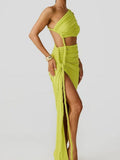 Plataz Irregular Shoulder Wrinkled Chest Skirt Woman 2025 Summer New Sexy Bare-Backed Rope Open Fork Dress HZ0628