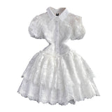 Plataz Summer Retro Temperament Super Fairy Collar Single Buckle White Embroidery Bubble Sleeve A Word Cake Dress DJPT