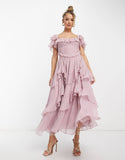 Plataz Dress Holiday Dress Lace Side Hollow Cake Dress Lotus Leaf Folding Long Dress