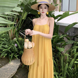 Plataz Seaside Holiday Yellow Bareback Sling Skirt Chiffon Design Long Dress Thai Bali Beach Dress