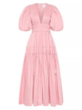 Plataz Niche 2024 Summer Wind V Collar Bubble Sleeves Short Sleeve Splicing Folds To Collect Waist Pink Dress Dress