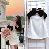 Plataz Same Hepburn Style Temperament Bow Spliced A Word Shoulder Bra Sweet Dress Dress Female C2#6582 DJPT