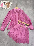 Plataz New Temperament Hollow Embroidered Lantern Sleeve Tops Shorts With Belt Belt Waist