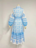 Plataz Autumn New Blue And White Printing Collar Lantern Sleeve Single Buckle Belt Waist Display Thin Dress