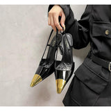 Plataz Forest Golden Iron Head Fine Heel Sandals Woman Black Mirror Behind The Empty Square High Heels High Quality Shoes