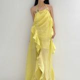 Plataz New Lotus Leaf Side Collar Hanging Neck-Loan Dress Seaside Holiday Atmosphere Dress