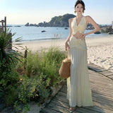 Plataz Style Sexy Hottie Suit Female V-Neck Hanging Neck Sling Vest High-Waisted Long Skirt Two Sets