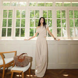 Plataz Sanguan 25 New Apricot-Color Collar Top + Wide-Legged Tug Trousers Casual Set