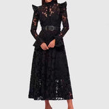 Plataz French Retro Elegant Style Embroidery Dress Collared Cardigan High-Waist A-Shaped Dress
