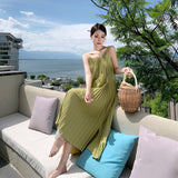 Plataz Red Seaside Holiday Sling Dress Women's Summer 2024 New Temperament Loose 100-Folded Long Dress Super Fairy