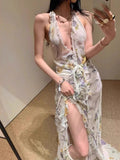 Plataz Niche Elegant Temperament Hanging Neck-Loaked Dress Woman 2025V Collar Folded Three-Dimensional Flower Dress