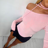 Plataz Women's INS Spring New Net Color Care Machine Slanted Shoulder Long Sleeves Hottie T-Shirt DJPT