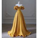 Plataz Shoulder Banquet Evening Dress Dress Female-Singen-Faced Yellow Temperament Light Luxury Niche High-End Art Exam Host Dress