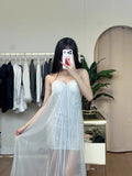 Plataz High-End Fluttering Ribbon Wiggle Mesh Patched Tset Dress Women's Holiday Birthday Party Evening Dress