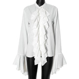 Plataz Women's Round Collar Horn Sleeve Lotus Leaf Side Design Micro-Permeable Shirt Top DJPT