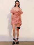 Plataz And Summer 2025 Spring And Summer Petal Lotus Leaf Side Shoulder Dress V Collar Short Skirt