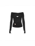 Plataz Club Babes Knitted Shirt 2025 Spring Metal Cross-Kin Knot Sexy Hollow Black Bottom Top Woman