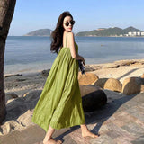 Plataz Desire Blue Folded Seaside Vacation Sling Dress Women Summer Sanya Tour Wearing Pictures Beach Long Skirts