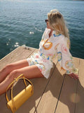 Plataz And Summer 2024 Australian Seaside Holiday Wind Leisure Long-Sleeved Shirt + With Belt High-Rise Printed Shorts Set For Women