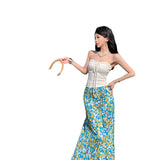 Plataz Holiday Style Suit French Rope Smear Vest Top Woman Summer Blue Floral Half Dress Two Sets