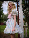 Plataz Summer New Square Collar Bubble Sleeve Bow Tie With Belt Print Short Dress Woman