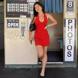 Plataz Niche Hanging Neck Sling Dress Sexy V Collar Bare Red Wave Point Hottie Holiday A Short Skirt