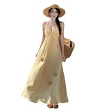 Plataz Summer New French V-Neck Hanging Neck Sling Skirt Loose Seaside Holiday Dress Woman