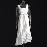 Plataz Holiday Dress 2025 New Square Collar Sleeveless Lace Design Mid-Rise Irregular Dress Woman