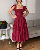 Plataz Dress Holiday Dress Lace Side Hollow Cake Dress Lotus Leaf Folding Long Dress