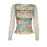 Plataz Autumn 2025 New Women's Clothing Vintage Quality-Renovined Print Mesh T-Shirt Woman DJPT