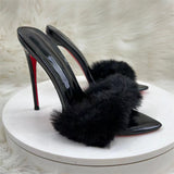 Plataz 12Cm Pointed Thin Heeled Tips High Heels Women Black Hair Cool Slippers High Quality Shoes