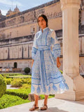 Plataz Autumn New Blue And White Printing Collar Lantern Sleeve Single Buckle Belt Waist Display Thin Dress
